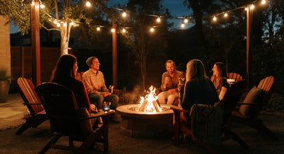 People gathered around a firepit in a backyard, enjoying a cozy outdoor evening.