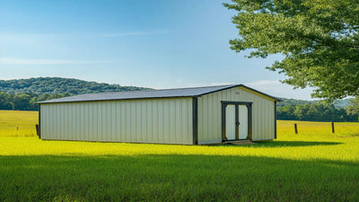 Stylish converted shed with a desk, plants, and shelving used as a backyard home office.