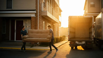 Two men moving a futon sofa from a house to a moving truck
