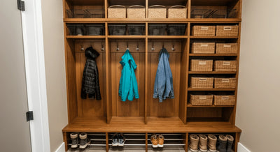 Organized mudroom with neatly arranged shoes, coats, and storage cubbies, showcasing efficient entryway storage.