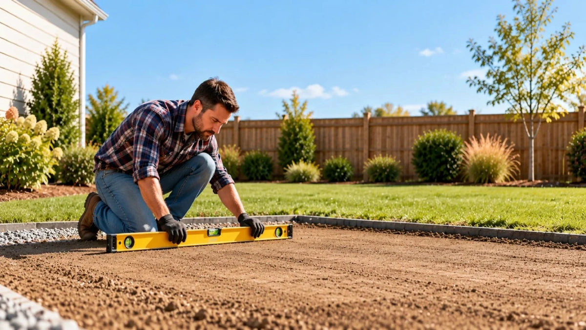 Homeowner checking backyard ground with a level before a steel shed delivery. Placeholder until the image exists.
