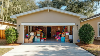 Family placing bikes and lawn tools into a metal backyard shed