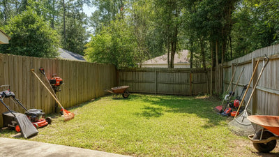 Backyard metal shed with tools and lawn equipment neatly stored.