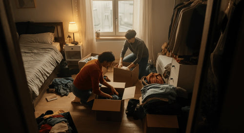 Two individuals sorting clothes from boxes in a small, cluttered bedroom during a decluttering project.