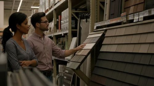 A young couple viewing siding materials within a home improvement store.