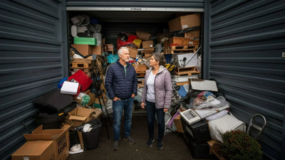 A middle-aged couple standing in front of their overcrowded storage unit.