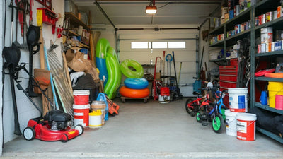 Organized metal storage shed with lawn tools, pool floats, and patio gear in an Auburn backyard