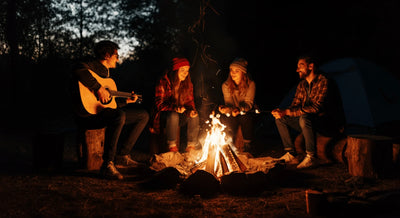 Group of friends gathered around a campfire at night, playing guitar and roasting marshmallows.