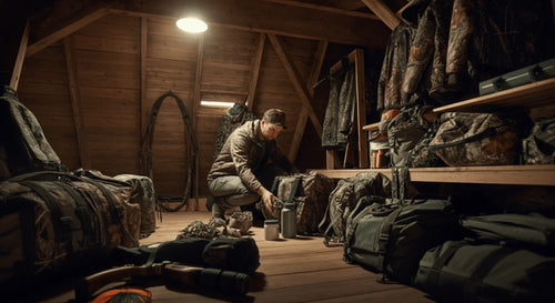 Man searching through an attic filled with camouflage gear, hunting supplies, and outdoor equipment.