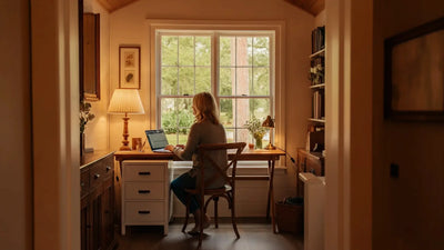A compact wooden mini shed in a backyard, converted into a stylish home office with windows and a small porch