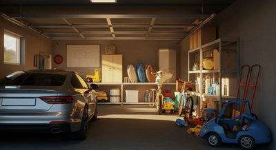 Small garage with a car parked on one side and storage items like boxes, bikes, and toys on the other side.