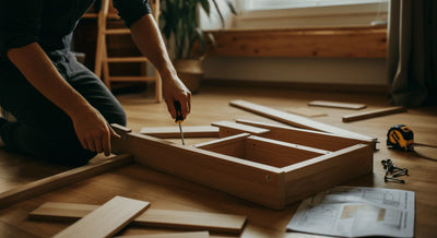 Person assembling wooden furniture indoors as part of a DIY home improvement project.