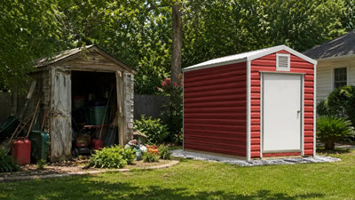 Overcrowded backyard shed compared to an organized steel storage building, showing signs it's time to upgrade.