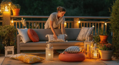 Person arranging outdoor cushions and decor on a patio for a cozy seating area.