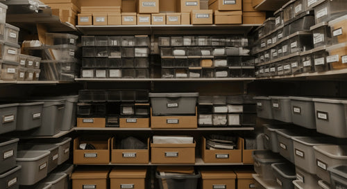 Wall of shelving with labeled storage boxes neatly organized in a clean space.