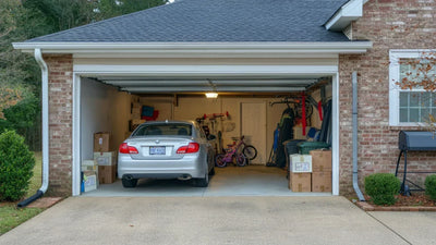 Modern metal shed beside a home, painted to match the house siding