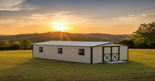 Metal storage shed in a backyard, offering weather-resistant and durable storage solutions
