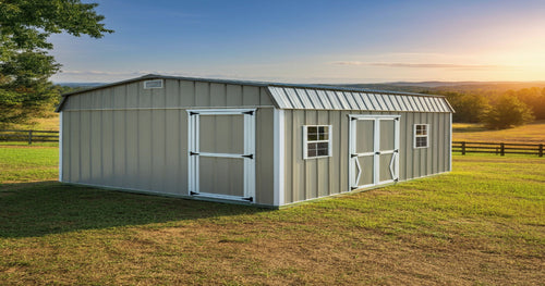 Durable metal shed with double doors, designed to withstand Georgia’s humid climate