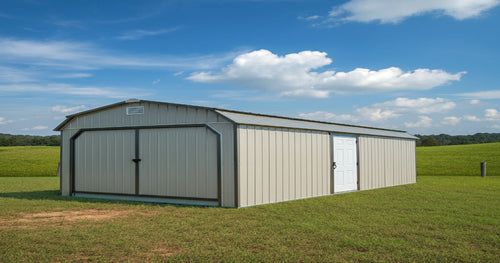 A prefabricated metal storage shed in Alabama, designed for durability and weather resistance.