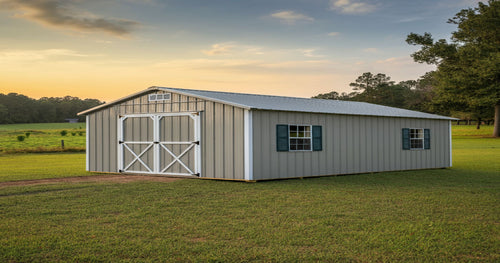 Organized storage shed interior with shelves, tools, and seasonal items neatly stored