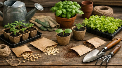 Gardening tools, seed packets, and young potted seedlings arranged on a wooden table in soft natural light.