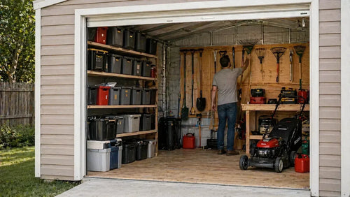  Organized metal storage shed interior with shelving, tools, and lawn mower showing usable storage space