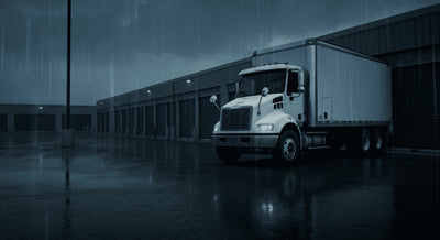 Large moving truck parked outside a storage unit facility on a rainy day.