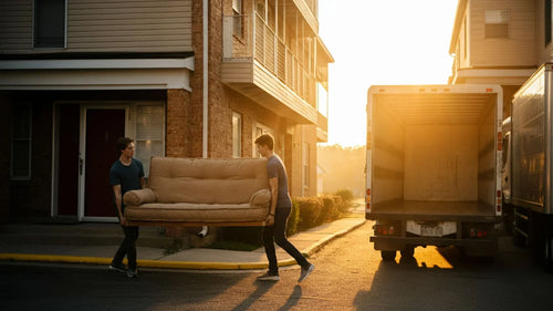 Two men moving a futon sofa from a house to a moving truck