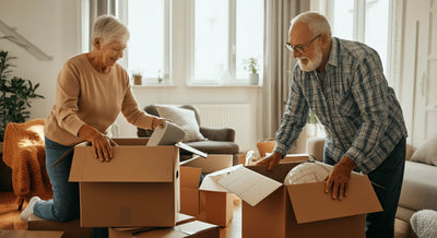 Elderly couple packing boxes in their living room, preparing for a move.