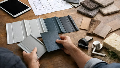 Homeowner reviewing metal siding samples, flooring pieces, and building plans while comparing upgrade options at a work table.
