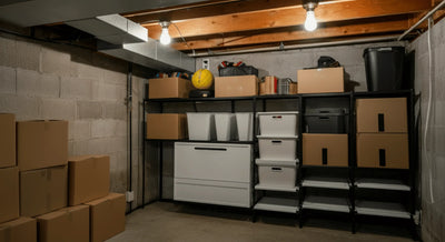 Basement with neatly stacked storage boxes arranged along the walls for organized storage.