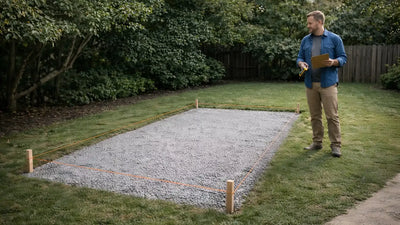 Homeowner reviewing a long, level gravel pad marked with stakes and string in a backyard for future shed placement.