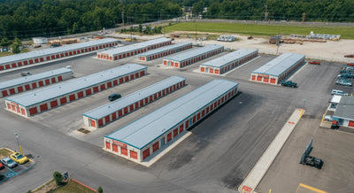 Bird’s eye view of a storage facility with many self-storage units in Newnan, GA.