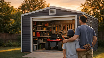  Father and son standing outside a metal storage shed with roll-up door, viewing organized tools and lawn equipment at sunset