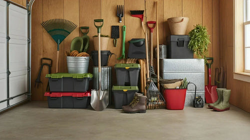 Garage tools and bins organized to show the need for storage sheds in Warner Robins, GA.