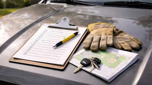 Clipboard, work gloves, keys, and folded site map resting on a truck hood outdoors