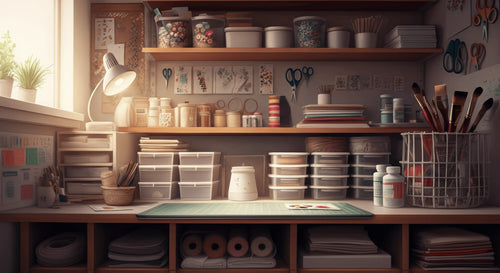 Craft room with art supplies, tools, and materials neatly organized on shelves and in storage bins.