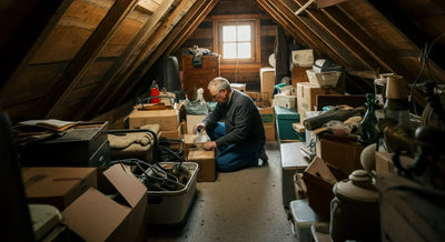 Organized shed interior with labeled bins, gardening tools, and seasonal decorations on shelving.