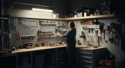 Person neatly organizing hand tools on a pegboard wall in a clean, well-lit garage workspace.