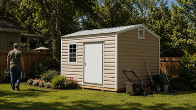 Galvanized steel portable building on a Southeast property designed for long-lasting storage, weather resistance, and low maintenance.