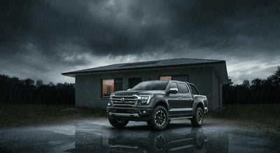 Pickup truck parked outside a house without a garage during stormy weather.