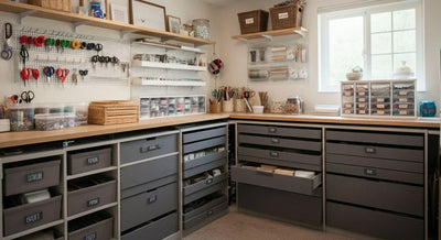  A craft room in a shed that is neatly organized with drawer systems and pegboards.