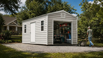 Metal shed storage building in a Southeast backyard used for lawn equipment, ATV storage, tools, and portable outdoor storage.