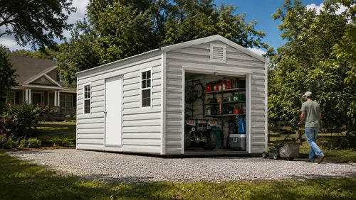 Metal shed storage building in a Southeast backyard used for lawn equipment, ATV storage, tools, and portable outdoor storage.