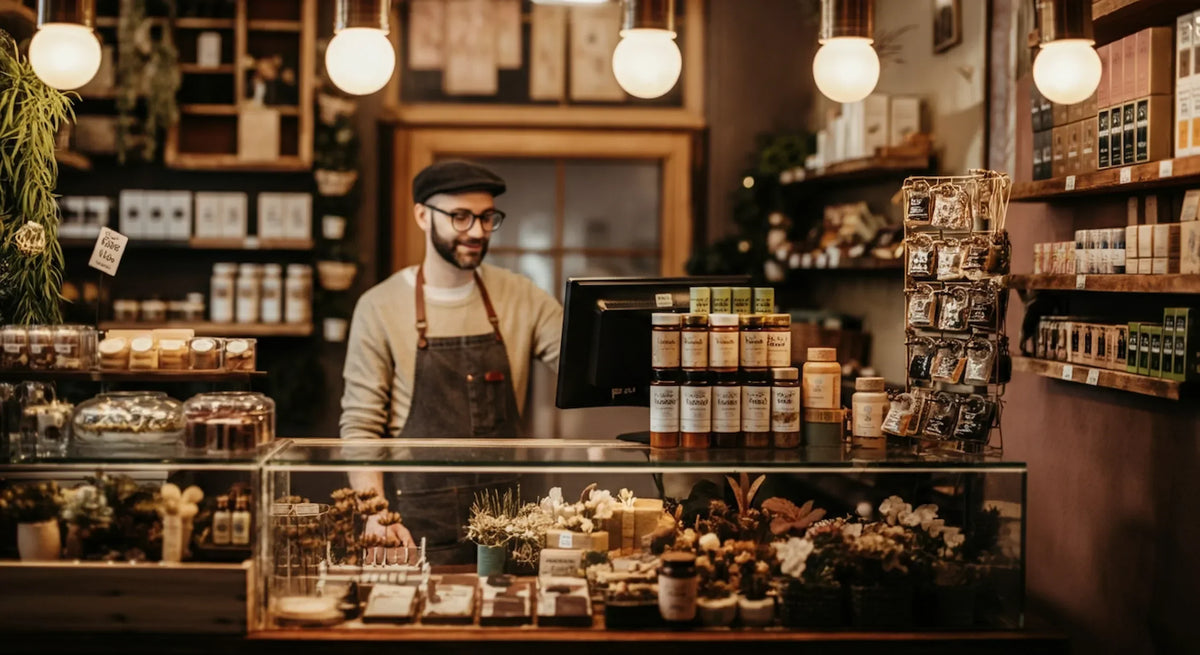 Small business owner working behind a retail counter, managing daily shop operations.