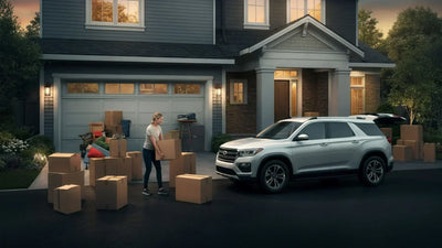 A woman unloading her car of boxes in the driveway of her home.