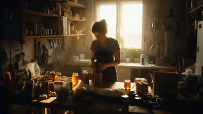 Landscaped backyard with a portable shed, stone path, vibrant flowers, and window box planters.