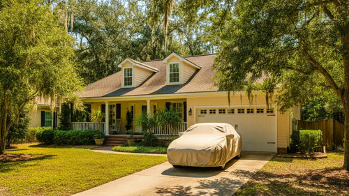 A suburban home with a car that is covered parked in the driveway.