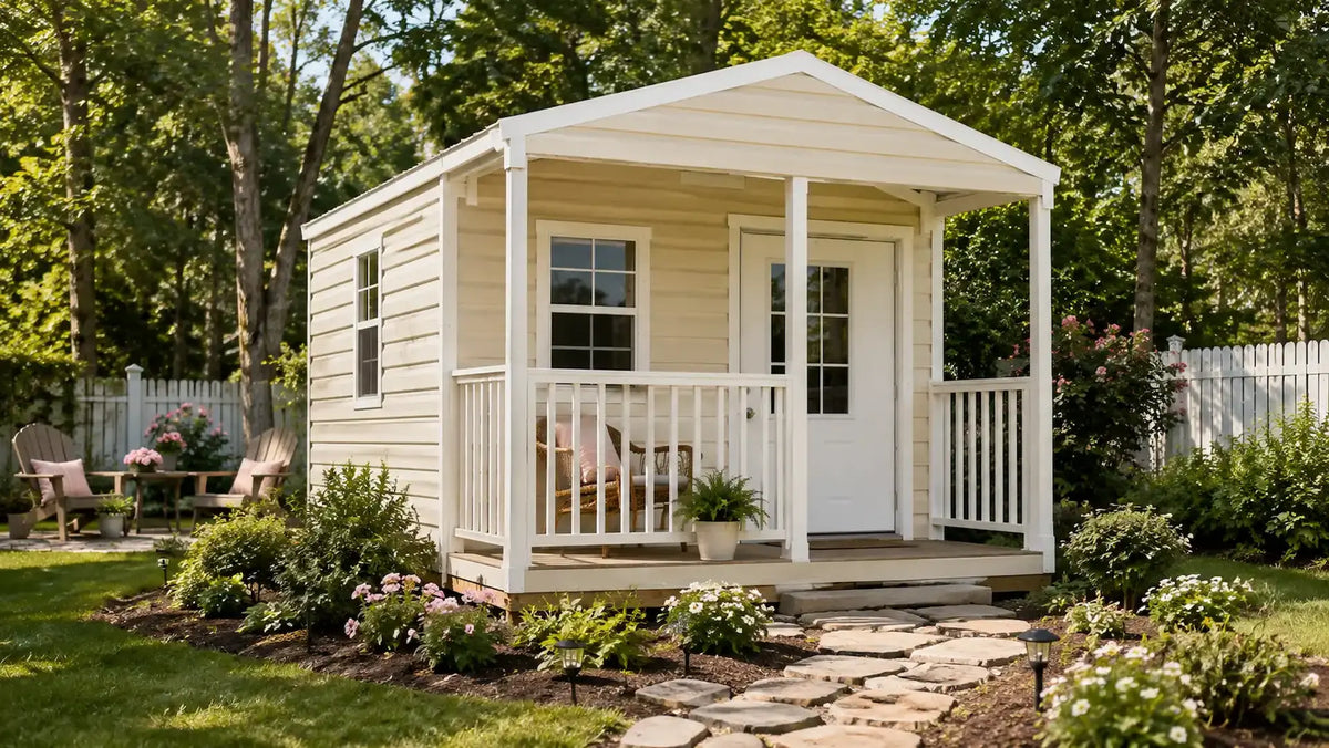 She shed with a porch, window boxes, and a landscaped path, designed as a backyard craft studio or retreat.
