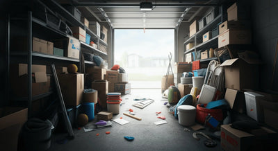 Cluttered garage filled with boxes, storage bins, and miscellaneous household junk.